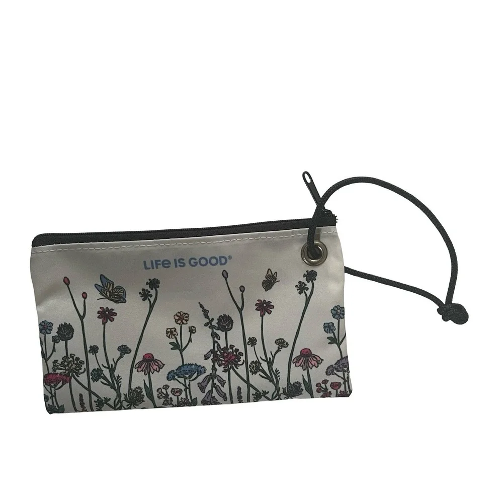 Life is Good x Sea Bags Maine Wristlet Pouch White Floral Wildflower Pink Blue